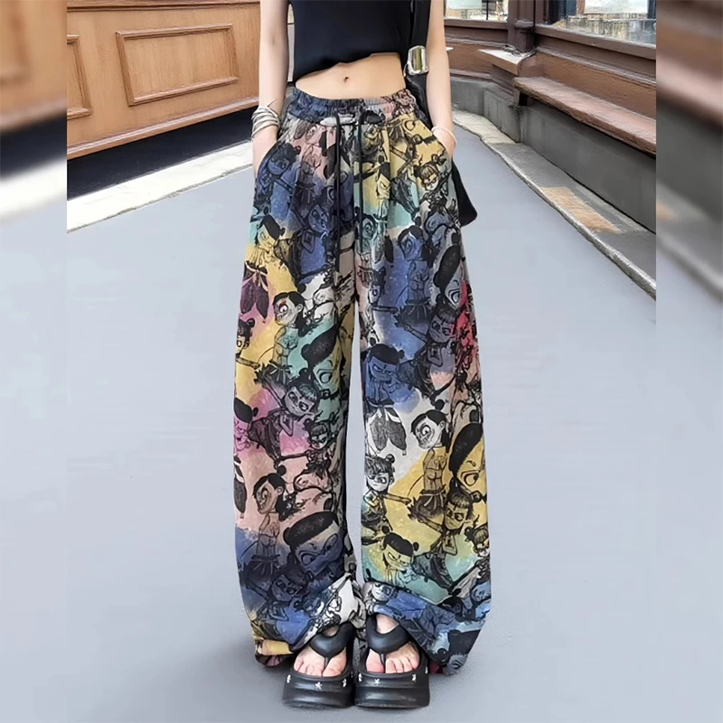 扎染渐变魔童哪吒印花夏季阔腿卫裤女高腰显瘦休闲直筒拖地长裤子