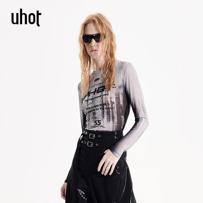 uhot 黑灰色薄款修身百搭上衣女2025春夏新款 UWWS1N037