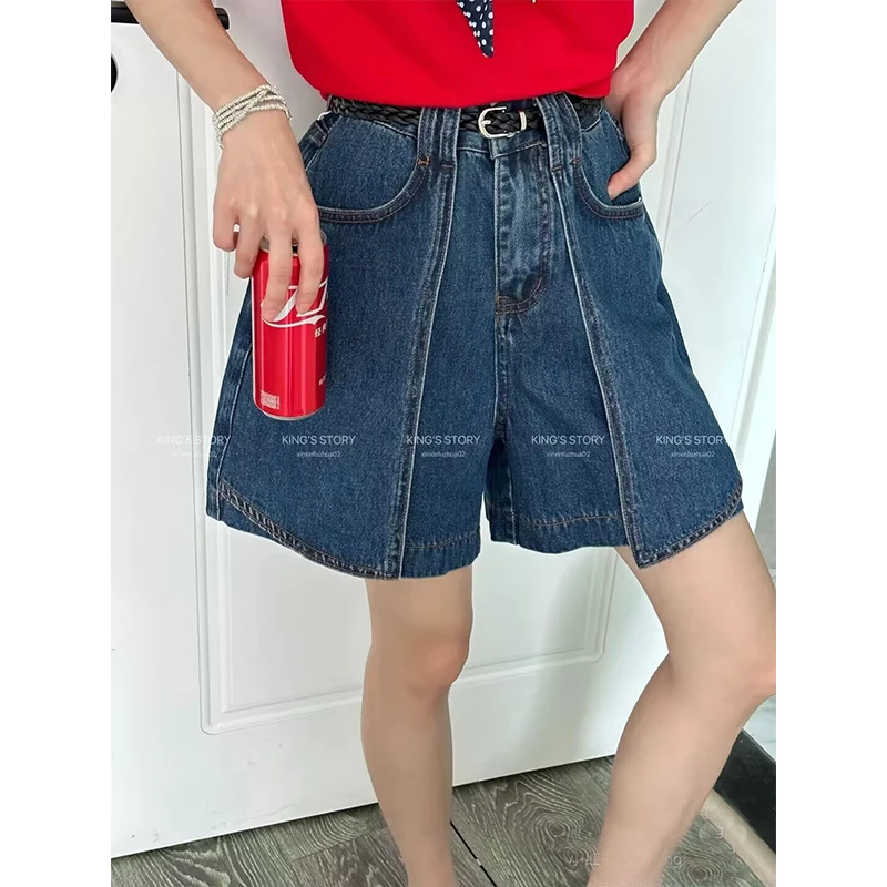 欧货时尚深蓝色设计感裁剪拼接牛仔阔腿短裤女高腰宽松休闲a字裤