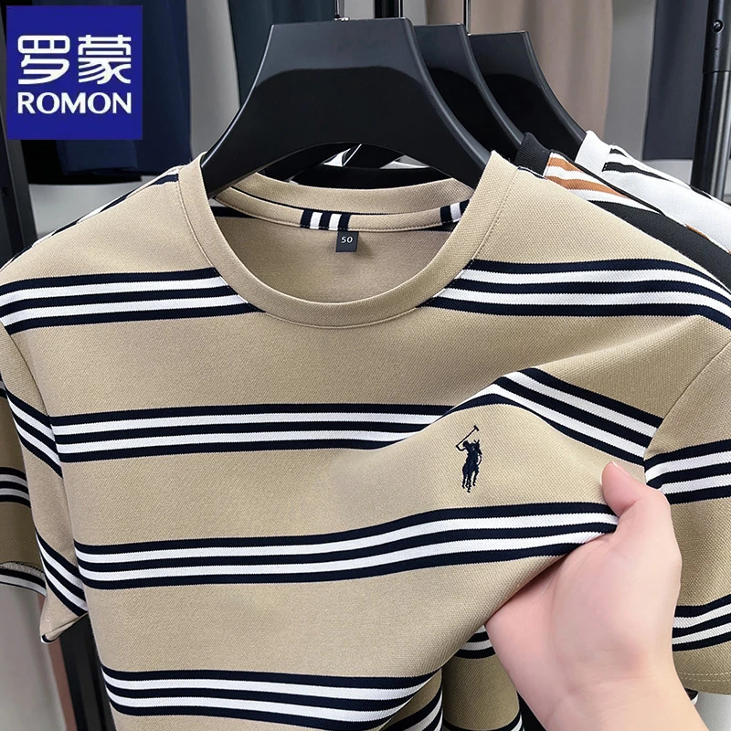 罗蒙2025新款男士条纹短袖宽松透气凉爽百搭中青年圆领时尚T恤衫