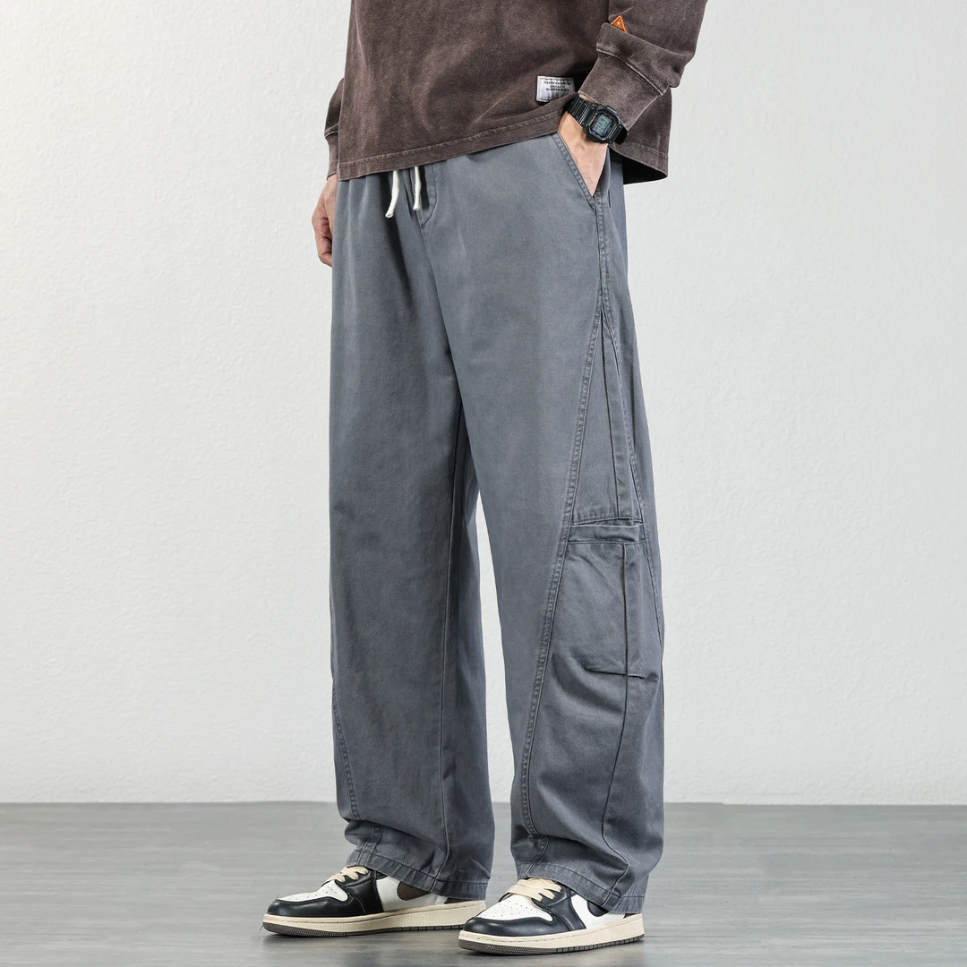 2025秋冬季新款纯棉复古弯刀裤男士宽松百搭长裤阔腿直筒休闲裤子