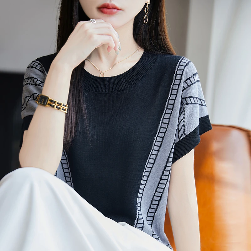 哥弟阿玛施正品夏季薄款圆领冰丝针织衫短袖女设计感几何图案T恤