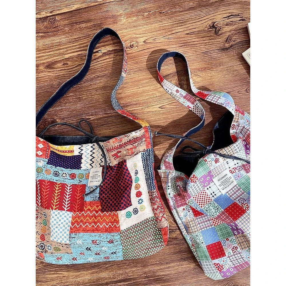 AB双面可背超火复古民族风百搭单肩拼斜挎包ins网红文艺布包夏季