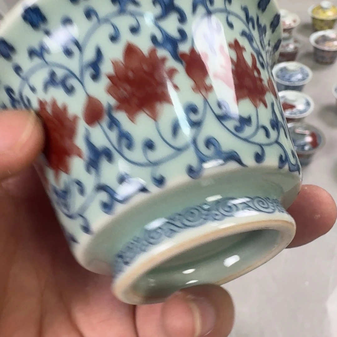 杯清釉青花釉里红缠枝莲两才盖碗