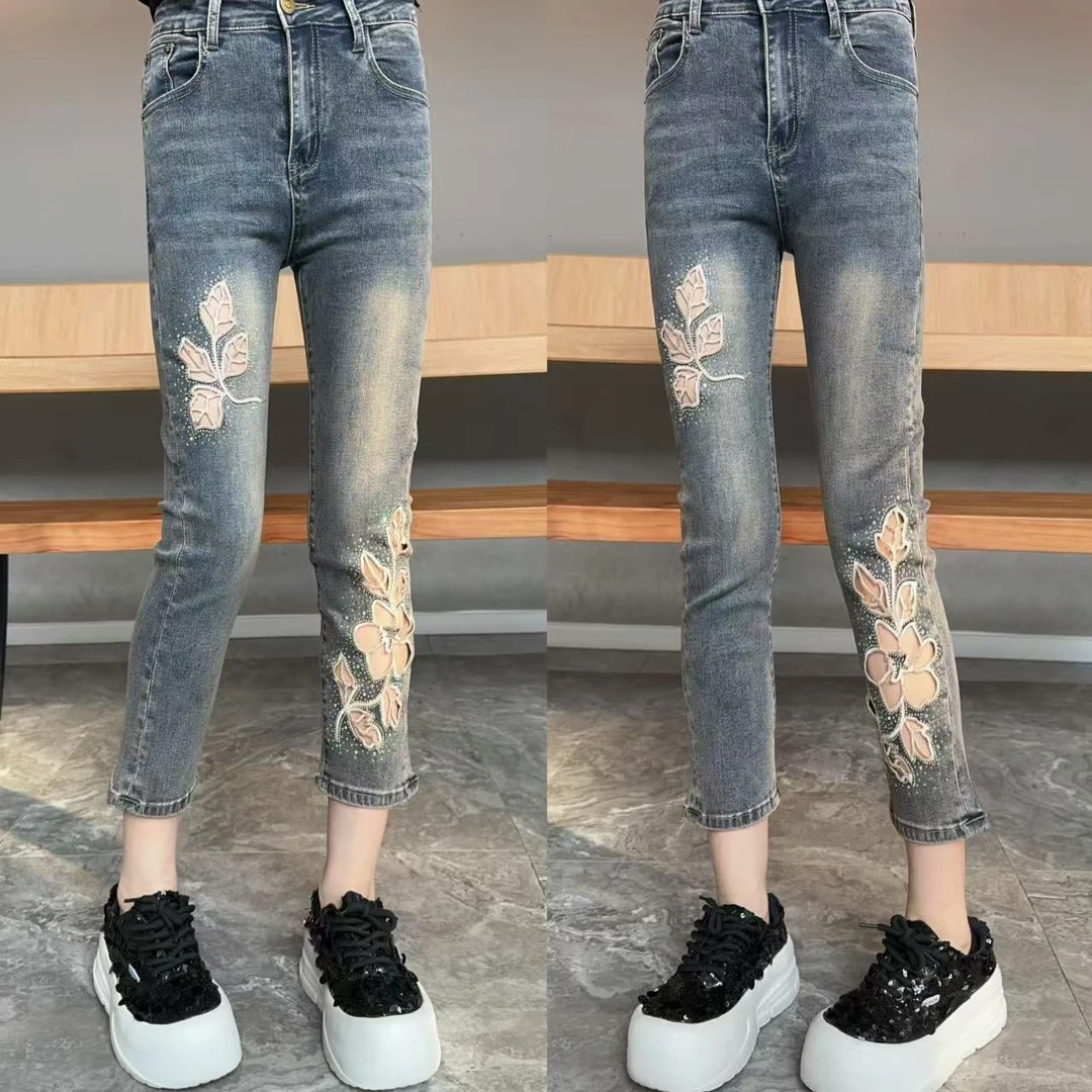 【YJ·高定】2025夏季薄款镂空八分牛仔裤弹力显瘦高腰烟管裤女YK680