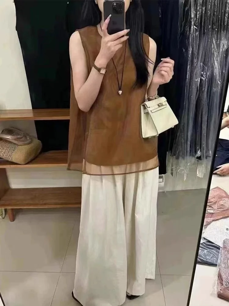 8853 圆领休闲宽松欧根纱拼接假两件无袖马甲背心上衣女（衣长66）