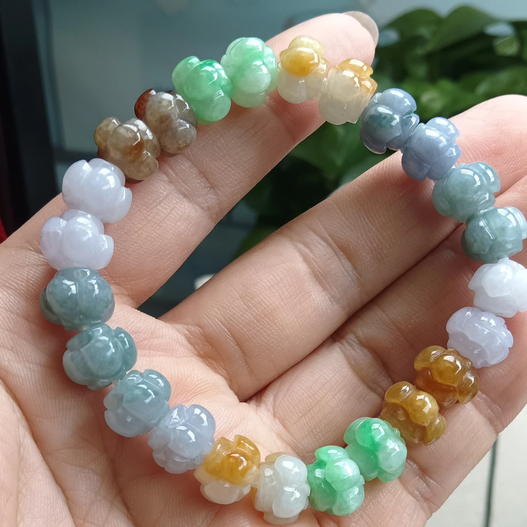 天然翡翠A货多宝雕花莲花手串女款彩色手工时尚
