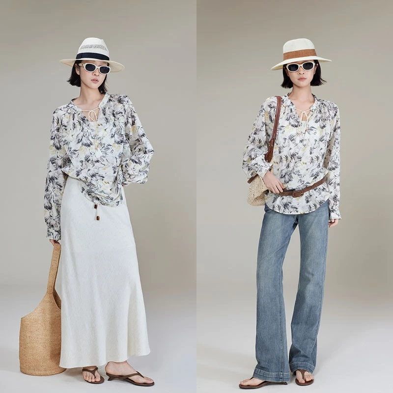 美洋MEIYANG 夏花雪纺衫【欧若风】天丝棉印花_抽绳V领褶宽松上衣U