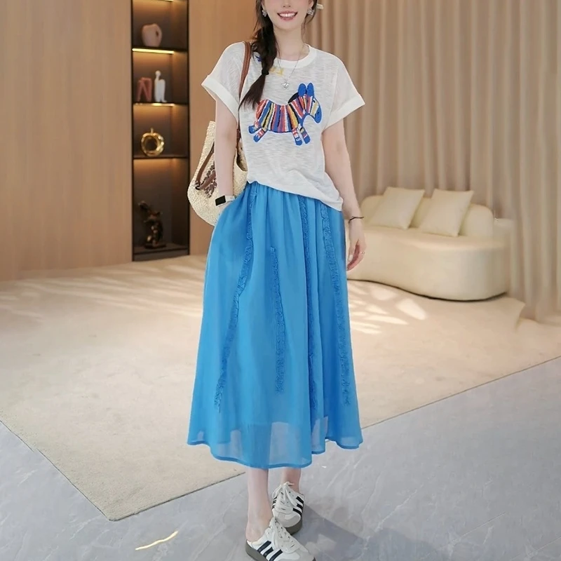 韩系时尚印花短袖半身裙套装女2025夏季新款休闲显瘦减龄两件套女