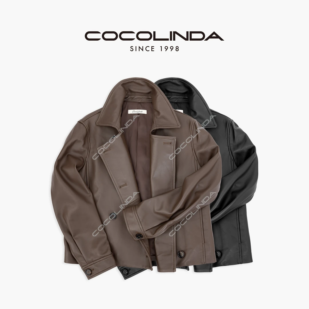 COCOLINDA | 羊皮欧美复古翻领双排扣皮衣外套F5195