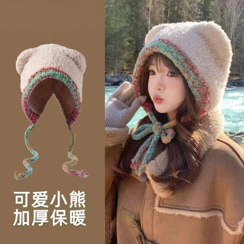 2025新款可爱耳朵针织毛线帽女毛绒帽子秋冬季保暖护耳大头围