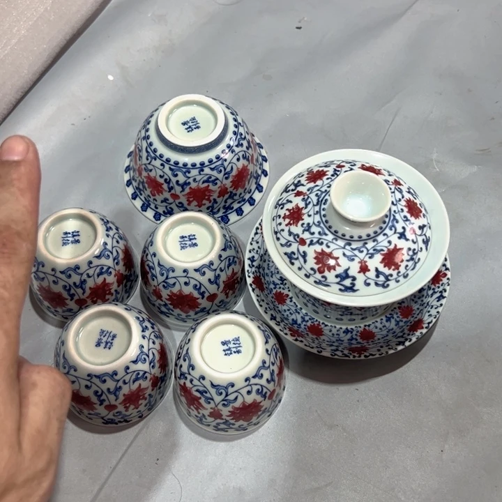 瓷片青花釉里红缠枝莲马蹄六件套全品