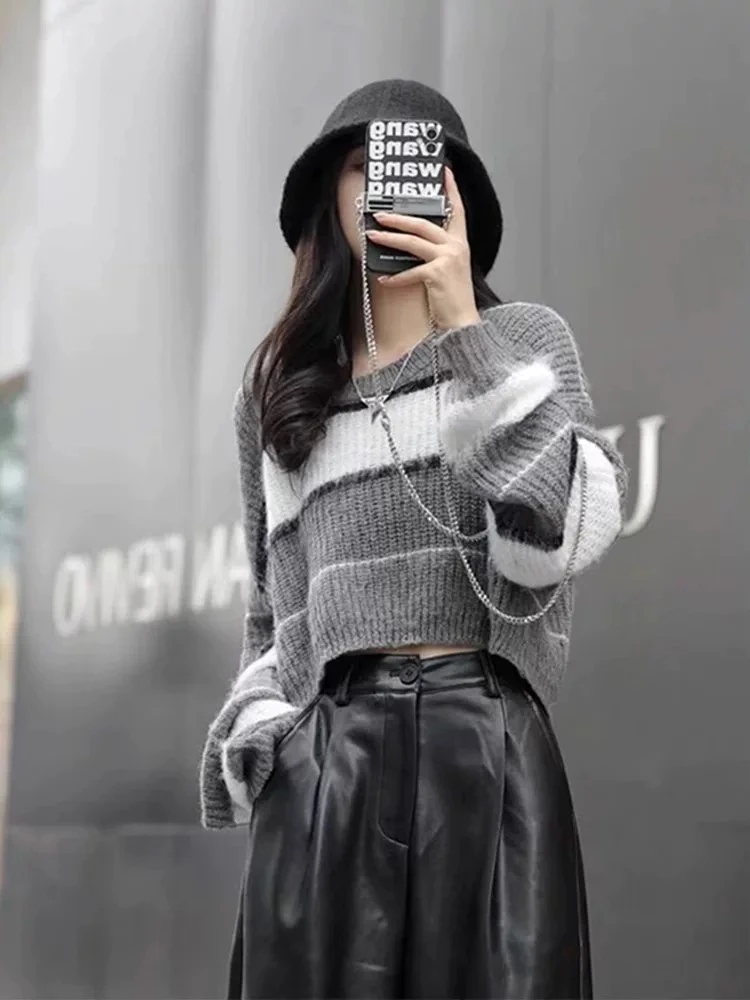 日系条纹撞色拼接短款毛衣女春秋新款时尚洋气圆领慵懒风针织上衣