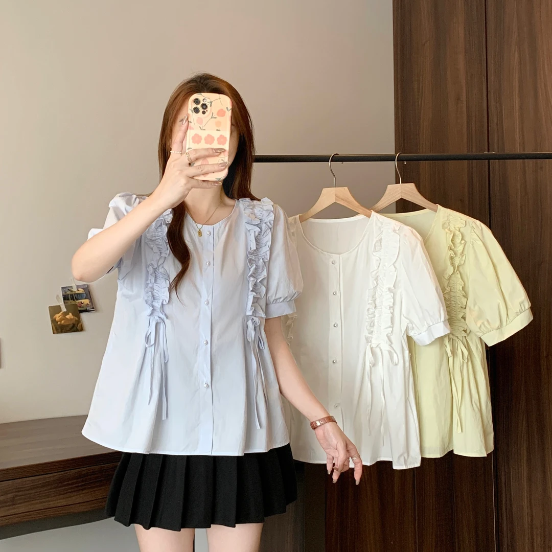 大码女装2025夏季新款抽绳褶皱花边短袖衬衫上衣1839