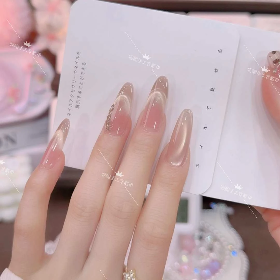 【日落情书】新款纯手工穿戴甲高级轻奢穿猫眼戴美甲贴长款显白百搭