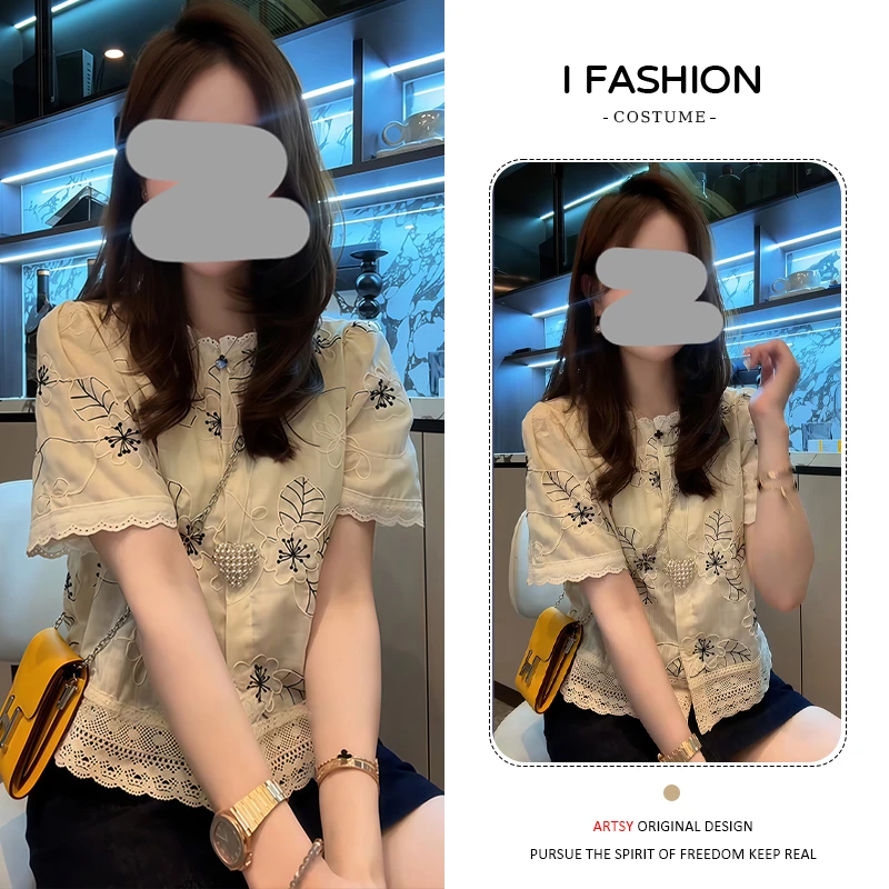 韩系拼接设计感短袖衬衫女2025年夏季新款潮流小清新遮肉开衫上衣