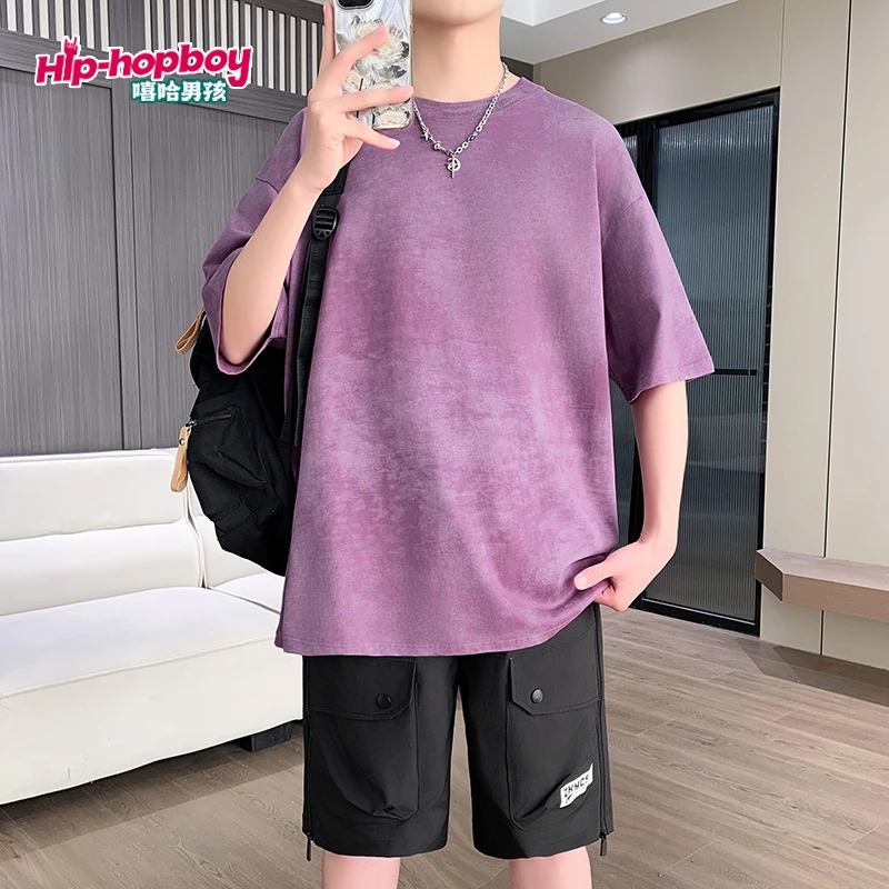 嘻哈男孩水洗夏季短袖T恤套装初高中T恤五分宽松半袖韩版潮流短裤