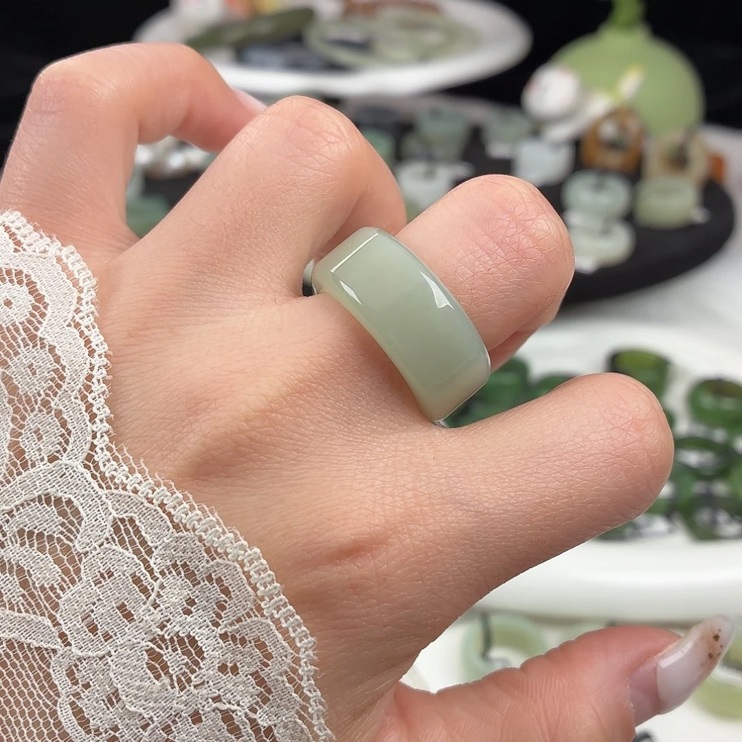 和田玉未镶嵌戒指S118奶蓝圆切18.1