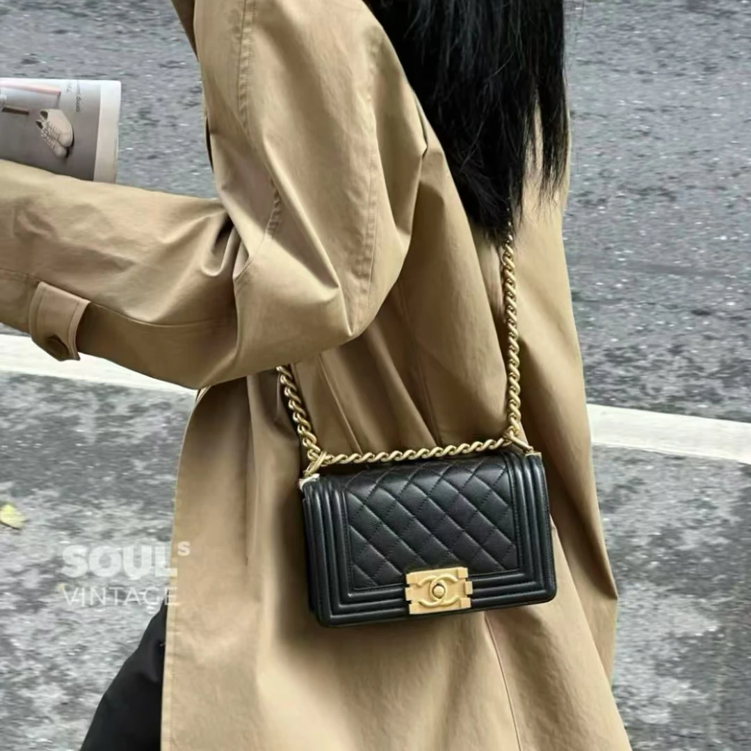 95新 Chanel/香奈儿 黑金 荔枝牛 经典leboy小号单肩包/673894072
