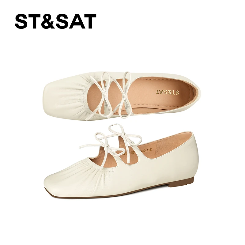St&Sat/星期六复古方头夏季单鞋浅口平底蝴蝶结百搭温柔玛丽珍鞋