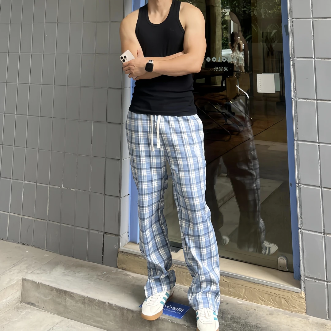 加绒裤脚拉链北卡蓝格子刺绣图案长裤男cleanfit慵懒休闲直筒裤