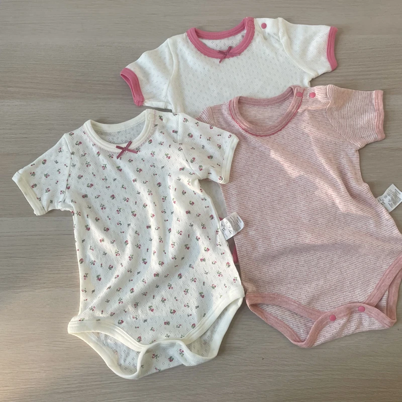 樱桃网眼 3件装 婴儿包屁衣短袖爬服女宝哈衣夏季 薄款纯棉 日单