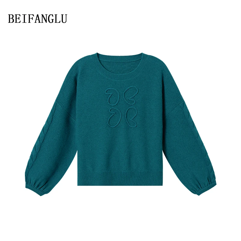 北方鹿【绿松蓝毛衣】100绵羊毛手工钩花圆领套头针织羊毛衫251397