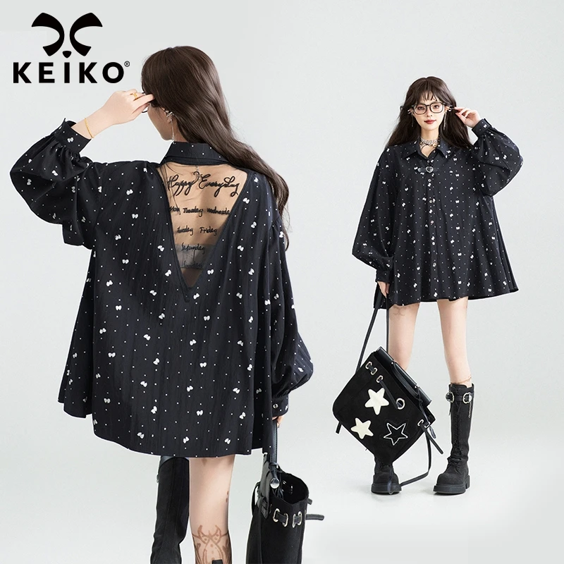 KEIKO 刺绣轻纱拼接露背黑色长袖衬衫女25秋酷感烫印小碎花上衣