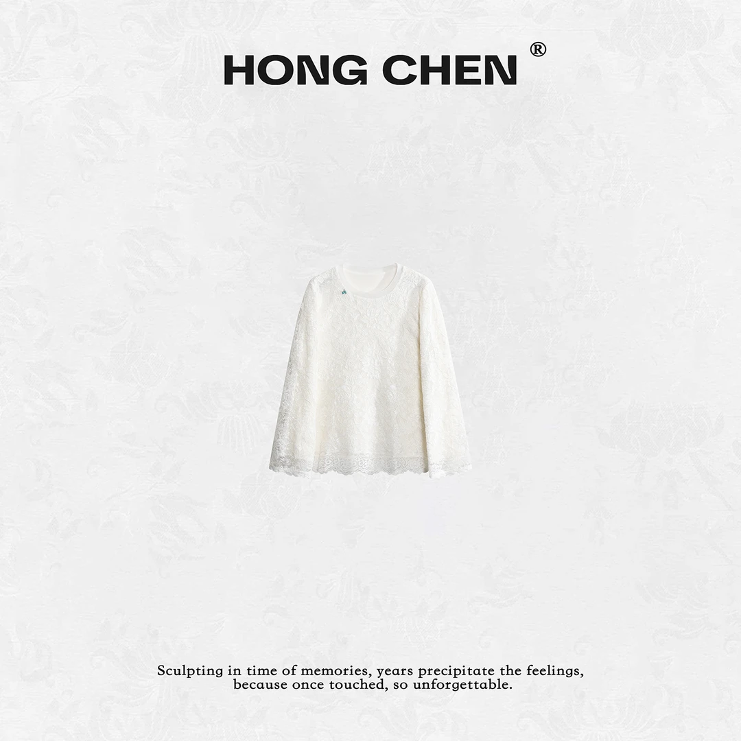 【虹辰】高端时尚优雅蕾丝勾花气质百搭高级感圆领珠片上衣--HC2238