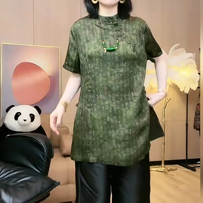 2025夏季新中式国风改良立领宽松休闲短袖中长款下摆开叉衬衫上衣