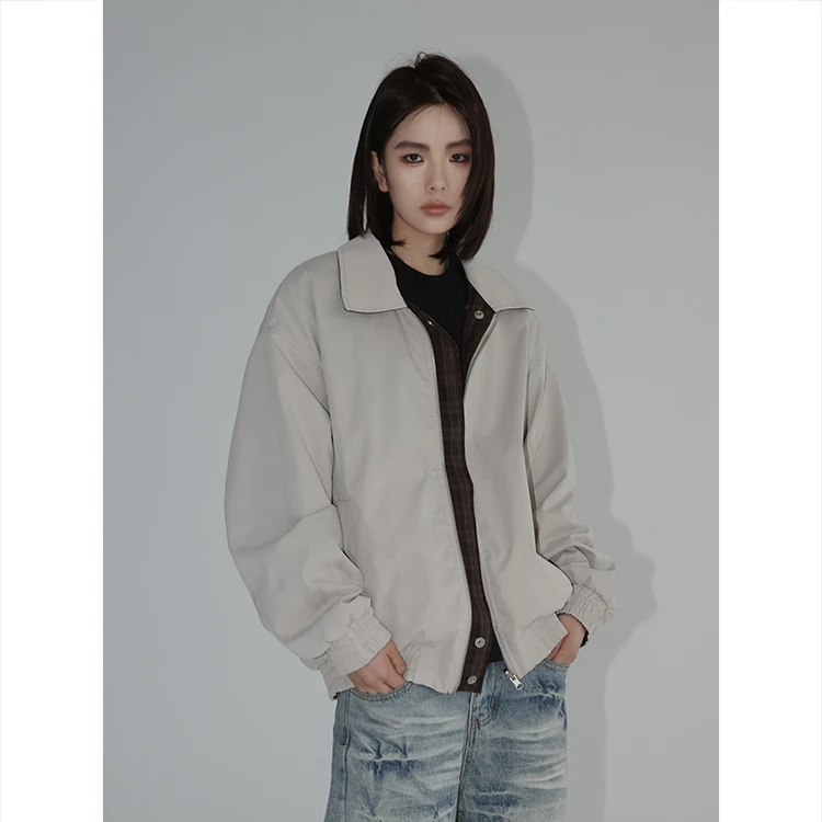 春季新款双面穿千鸟格格纹翻领夹克百搭宽松休闲情侣工装外套