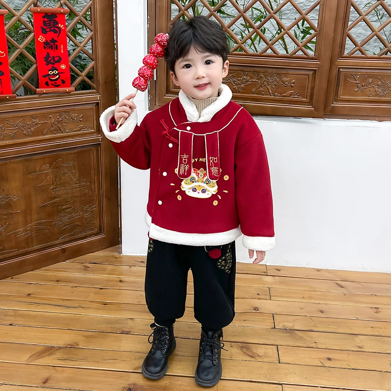 儿童拜年服男童加绒汉服套装2025蛇年宝宝国风唐装喜庆过新年衣服
