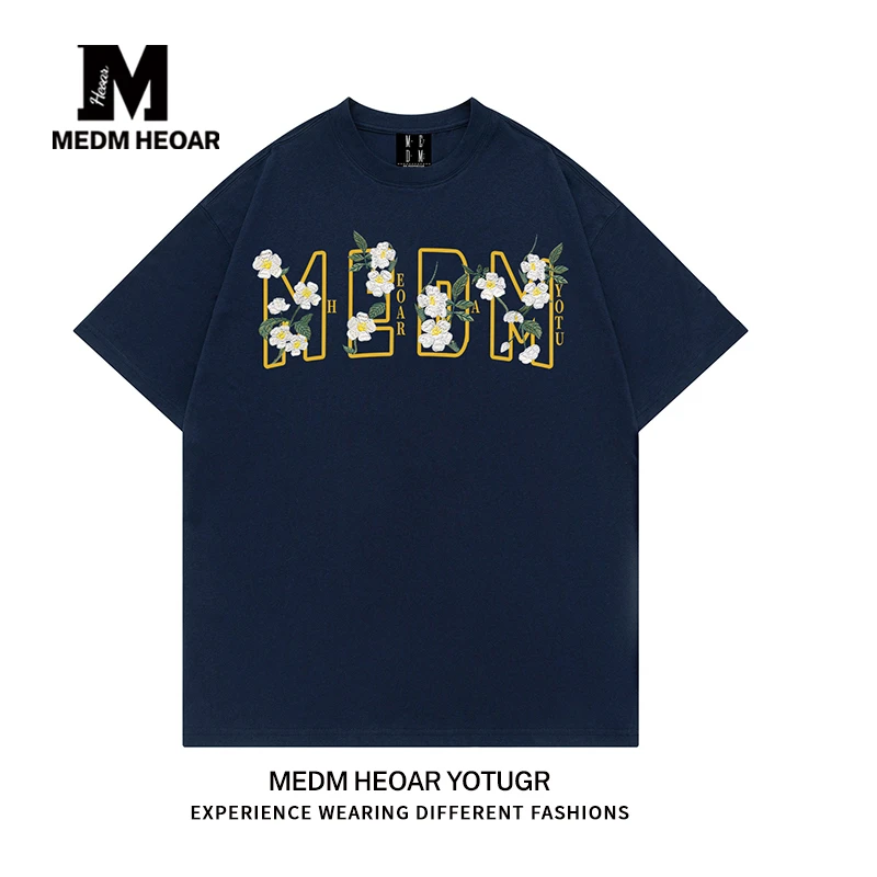 MEDM HEOAR潮牌夏季新款茉莉花卉t恤短袖男女情侣宽松美式体恤衫