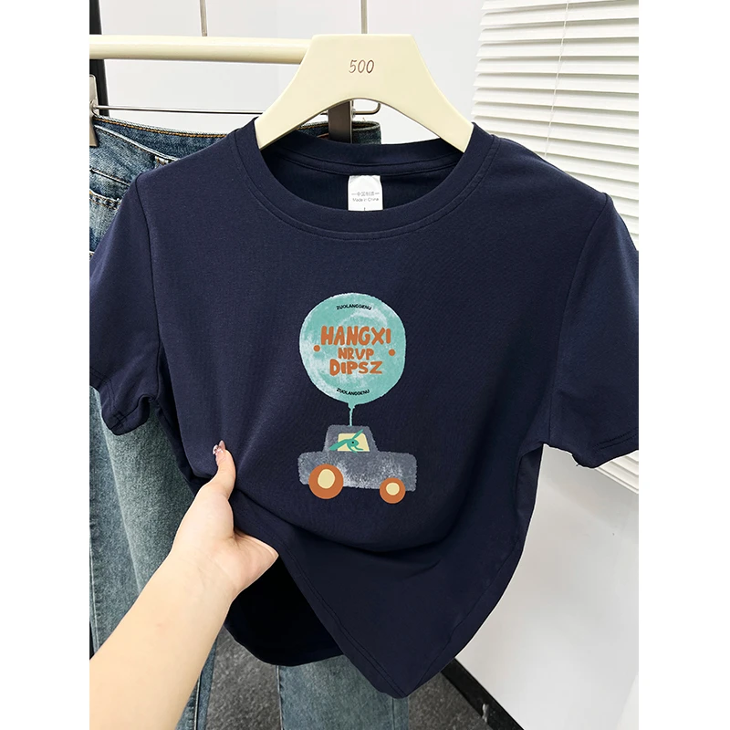 藏蓝色正肩短袖t恤女夏季新款大码胖mm遮肚子显瘦半袖圆领上衣潮