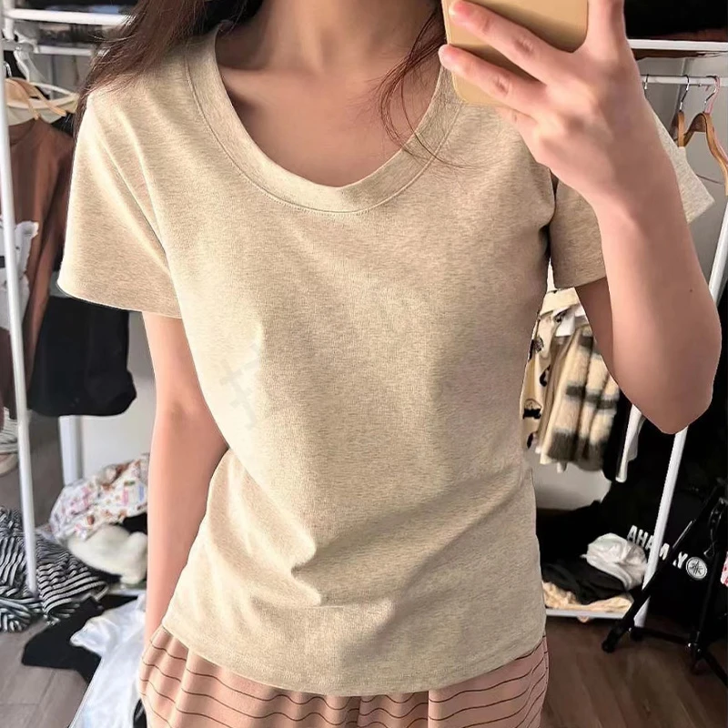 年谜短袖T恤女U型圆领2023夏季修身正肩白色上衣百搭纯欲风棉吸汗