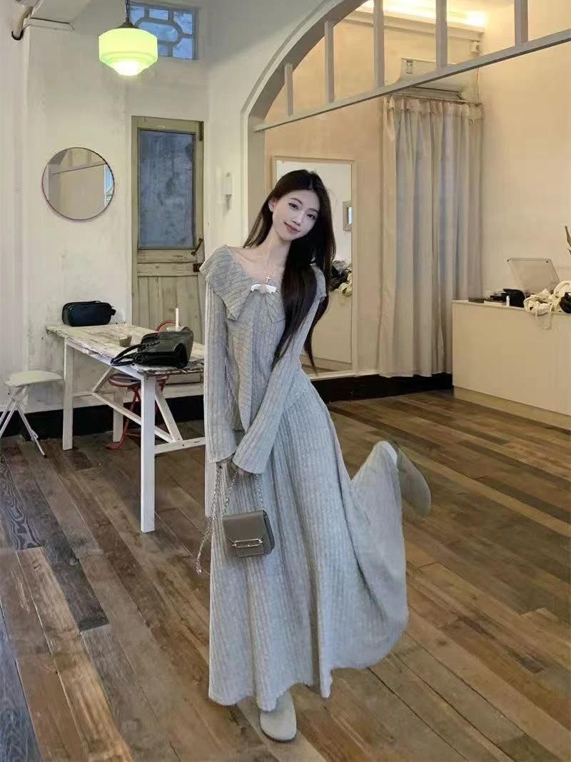 法式秋冬套装不规则气质坑条上衣高腰半身裙女显瘦高级感两件套