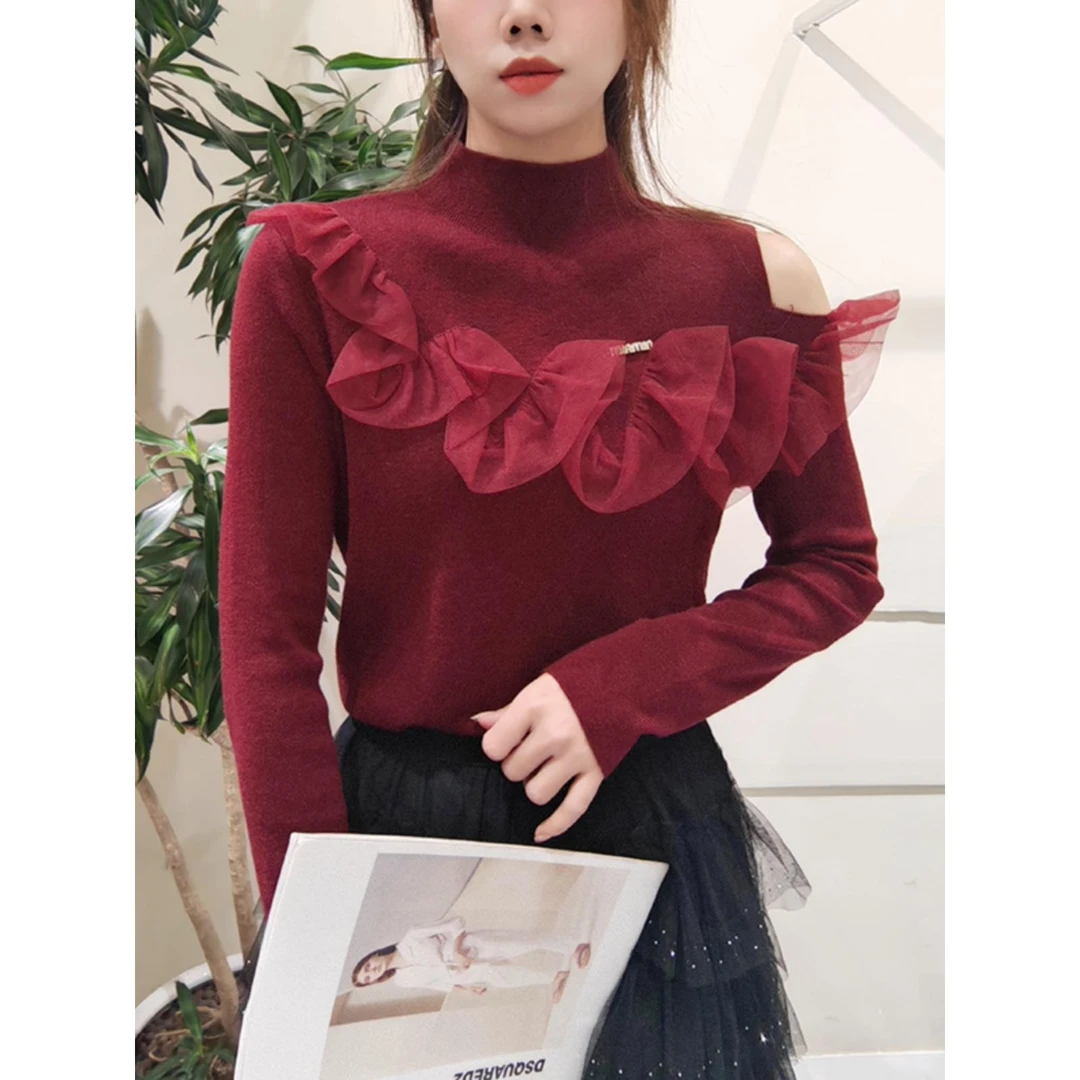 名媛优雅气质半高领露肩欧根纱波浪荷叶边针织衫毛衣打底衫女