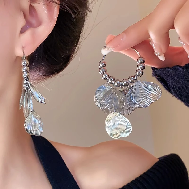 合金耳饰 银色镂空花瓣花朵流苏耳环2025年新款高级感耳钉耳饰女