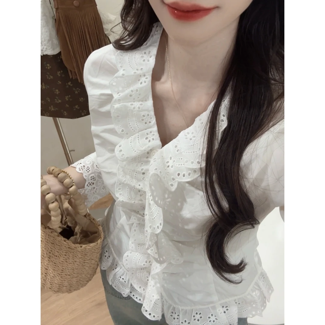 【五分糖】收腰花边衬衫女春季新款百搭