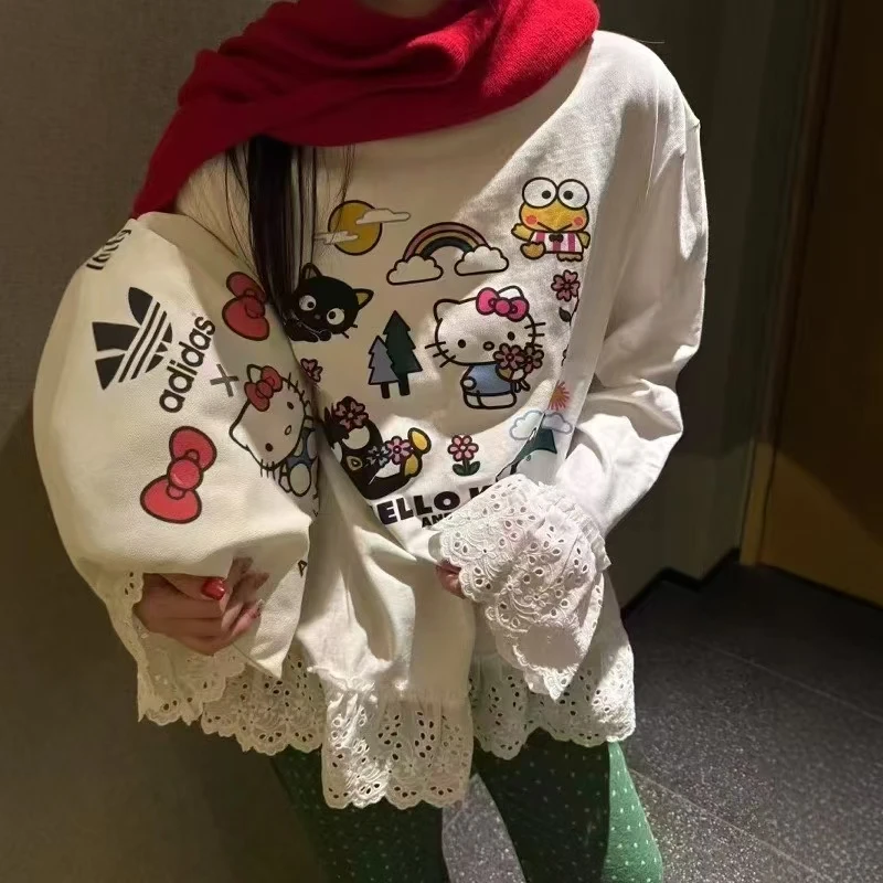 韩国INS时尚印花拼接花边休闲韩版宽松上衣