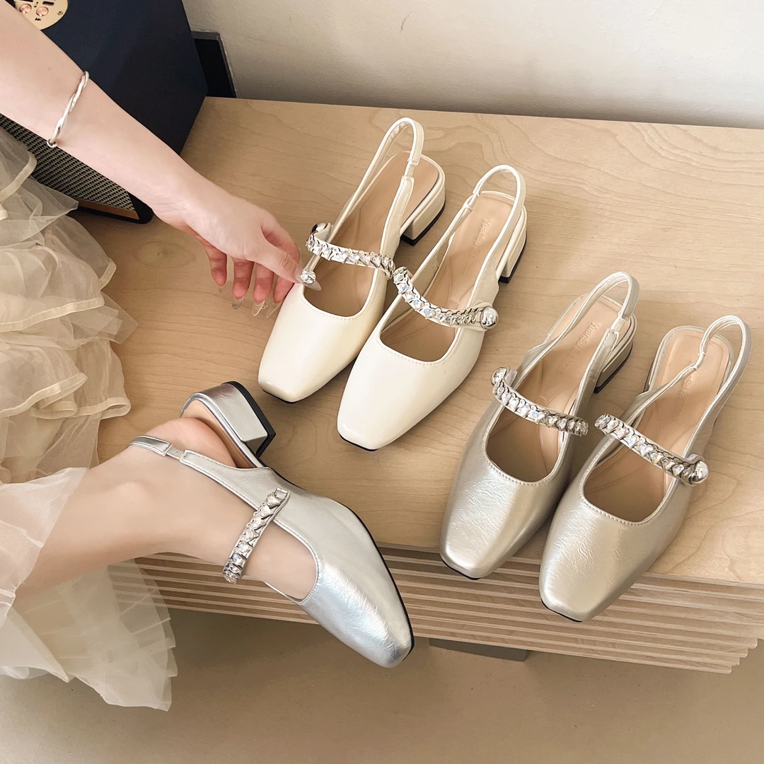 法式包头水钻粗跟钩编鞋一字带凉鞋仙女风高跟鞋气质时尚夏季软底