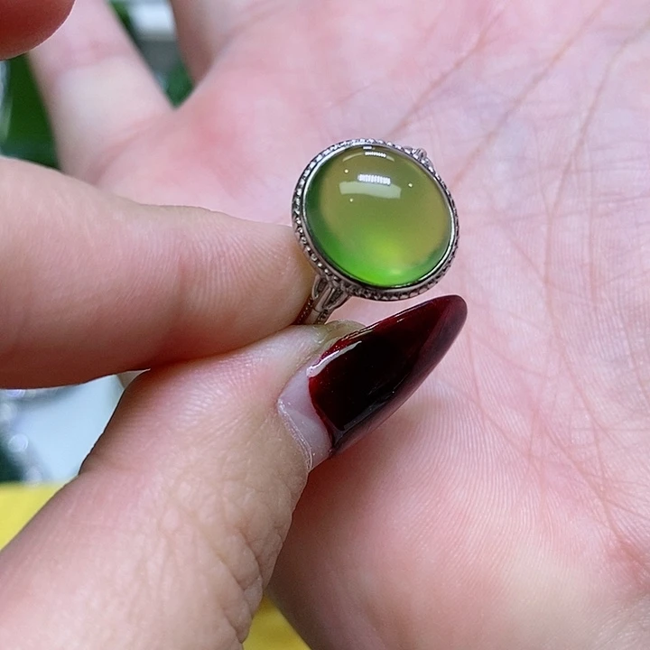 蛇纹石玉戒指银S925镶嵌ღ**呜