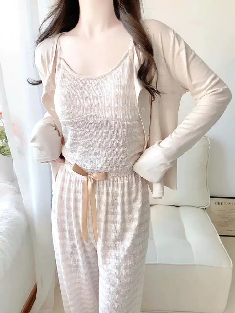 春季新款条纹吊带三件套带杯垫性感可外穿柔软透气长袖女套装1700
