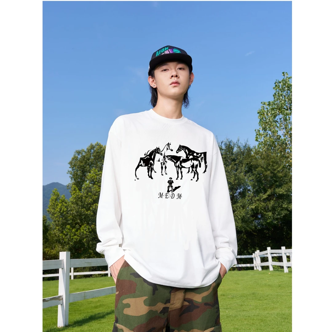 MEDM HEOAR春秋新款印花圆领白色纯棉长袖t恤男女宽松情侣打底衫