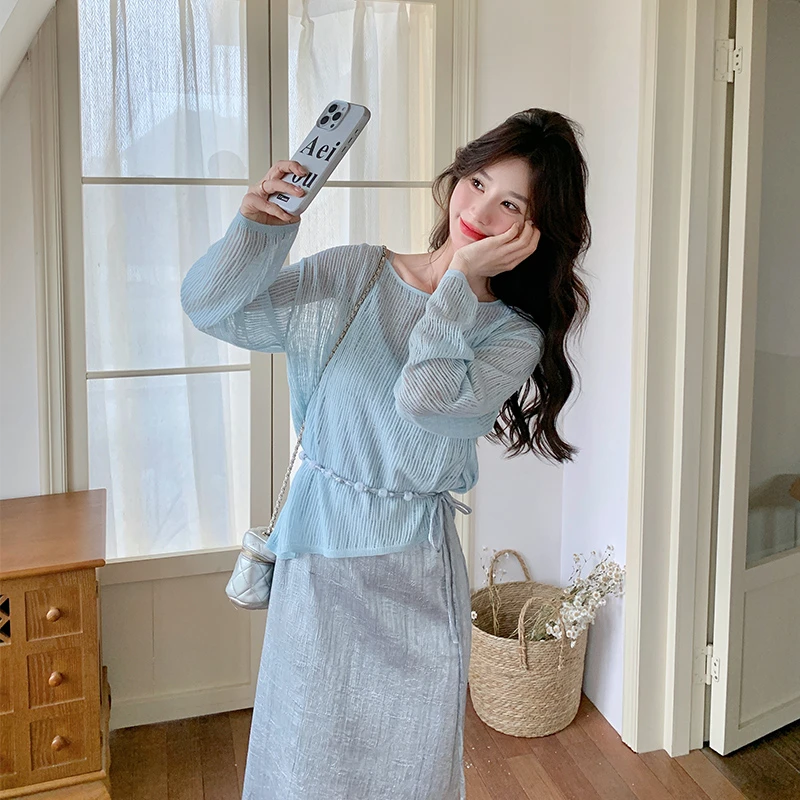 两件套女2025春季新款韩版纯欲系带针织衫＋连衣裙显瘦吊带裙子