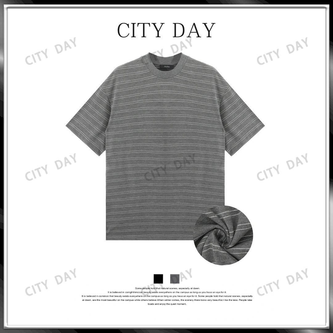 CityDay【楠哥】云纱织梦 定织条纹凉感微阔老钱短袖T恤 70109