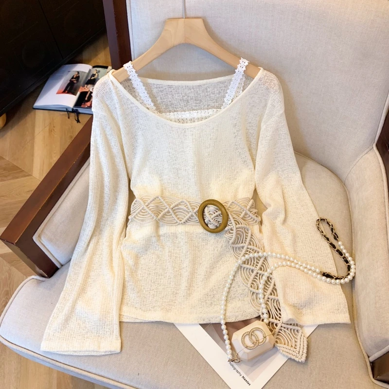 实拍波西米亚风针织衫女装春夏季薄款纯欲甜美上衣假两件套气质女