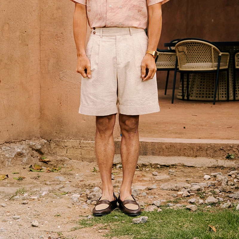 SOARIN英伦风复古百慕大短裤男 泡泡纱薄款透气休闲廓尔喀五分裤