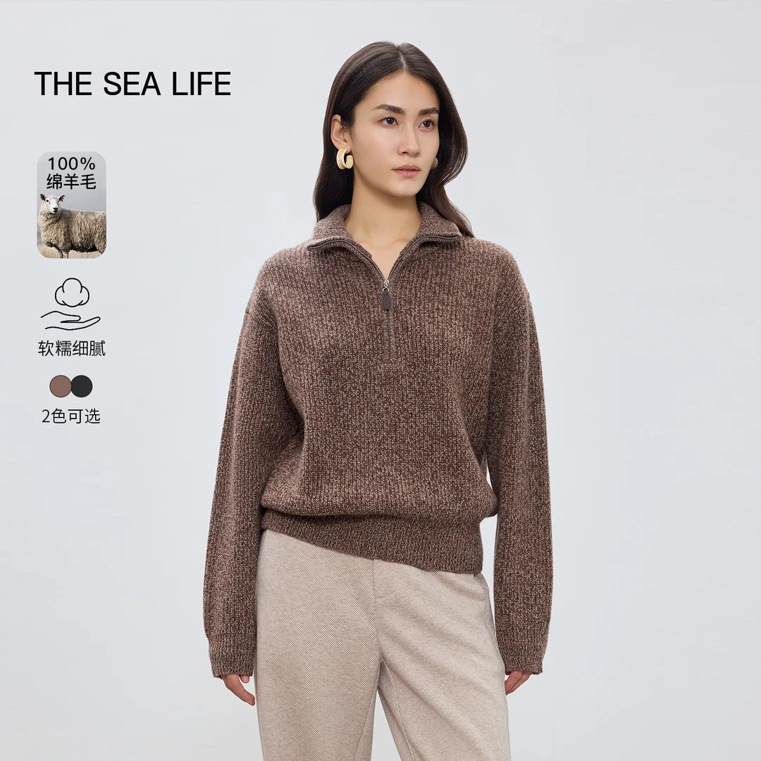 欧海一生100%绵羊毛针织衫女2025冬新款半开襟立领毛衣220136