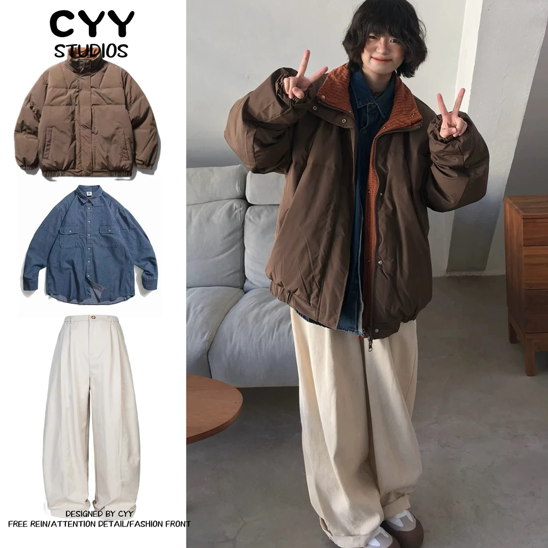 三件装/单件日系复古双面穿立领面包棉服男女冬季宽松棉衣外套潮